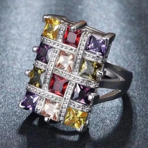 2021 Hot Luxury Colorful Square Zircon Rings For Women Trendy Silver Plated Female Jewelry Birthday Party Accessories Gifts