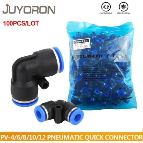 100pcs PV 4 6 8 10 12 14 16mm OD Hose L type Flow Speed Tube Plastic Quick air Pneumatic Connectors Coupling Brass Fitting