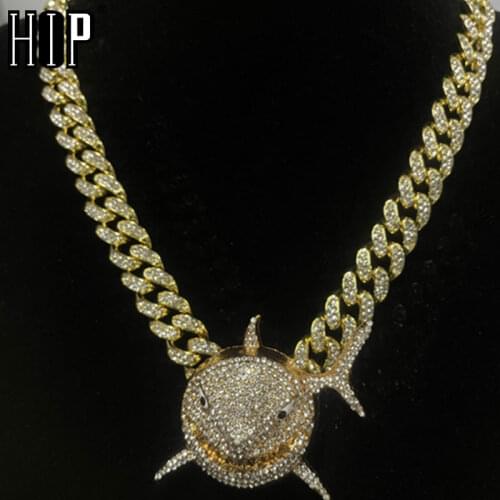 Hip Hop Iced Out Shark Bling Alloy Gold Silver Color Pendant & Necklace For Men Women Jewelry With Cuban Chains