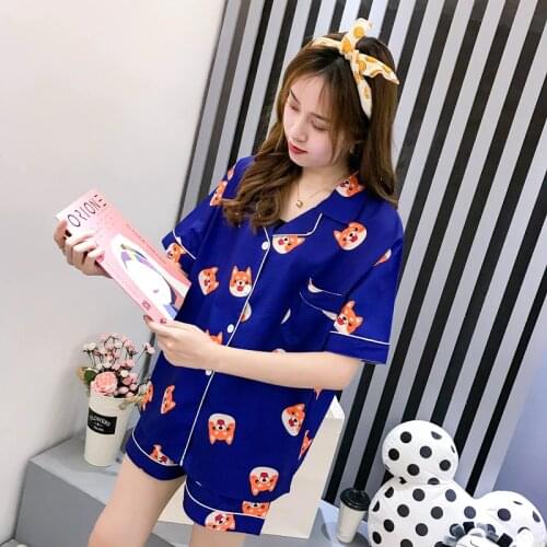 Women Pajama Set Summer Cartoon Harajuku Shiba Inu Printed Kawaii Pyjamas Korean Japanese Anime Dog Pijama Mujer Silk Sleeepwear