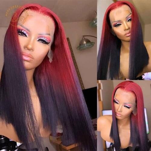 Ombre Color Lace Frontal Wigs Red Black 13X4 Lace Front Wig 180% Density 2 Tones Colored Human Hair Closure Wigs With Baby hair