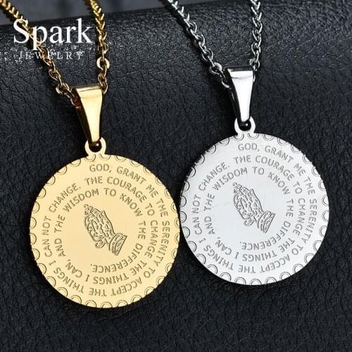 Christian Stainless Steel Bible Prayer Cross Pendant Necklace Religious Round/Heart Gold Color Scripture Link Chain
