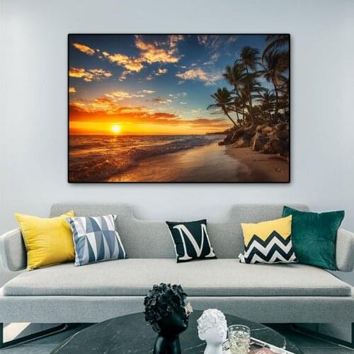 Sunsets Natural Sea Beach Coconut Palm Panorama Landscape Canvas Painting Posters and Prints Wall Art Picture for Living Room