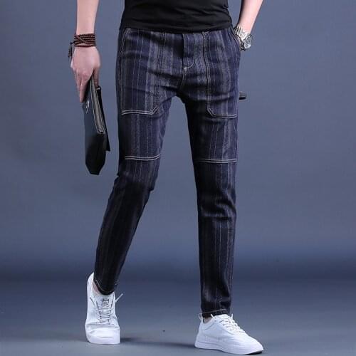 Summer Men Fashion Striped Jeans Casual Black Gray Spliced Thin Slim Fit Denim Pants