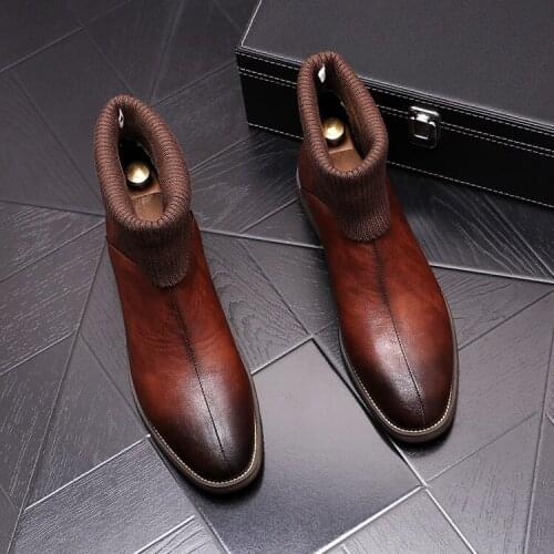 Autumn Mens Leather Shoes Fashion Brown Leather Martin Hip Hop Motorcycle Shoes Ankle High Chelsea Chaussure Hivers Homme