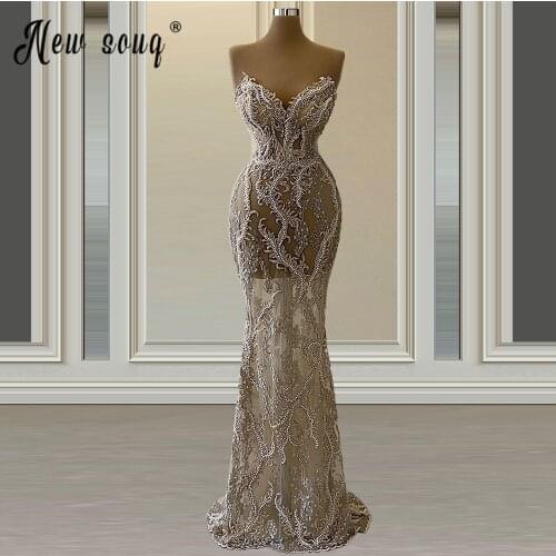 2021 Latest Lace Beaded Mermaid Prom Dresses V Neck Pearls Backless Pageant Prom Gowns Appliqued Illusion Evening Dress