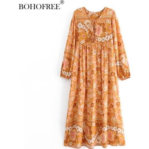 Drop Shipping Rayon Cotton Hippie Maxi Long Dress Long Sleeves Lace Up Bohemian Floral Print Tunic Dress Women