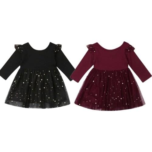 Valentines Day 1-5Y Toddler Kids Girls Party Sequins Dress Long Sleeve Solid Wedding Bridesmaid Princess Flying Sleeve Dresses