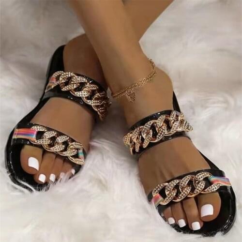 2021 New Summer For Slides Flat Heel Mules Shoes With Chain Summer Women Beach Shoes Fashion Slipper Sandals Large size TX394