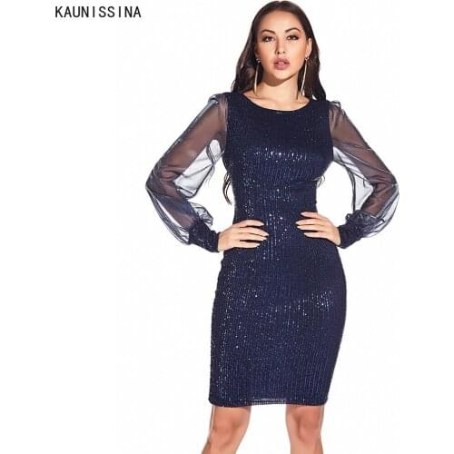 KAUNISSINA Sexy Bodycon Dress Sequined Cocktail Gowns Mesh Long Sleeve Slim Club Party Dresses Women Short Homecoming Vestidos