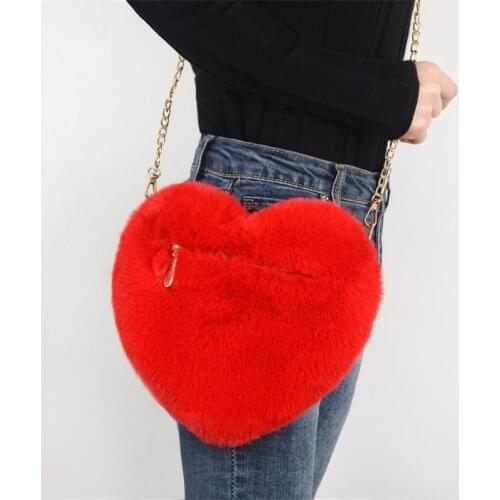 Fluffy Heart Shaped Crossbody Bag Solid Color Removable Chain Shoulder Massage Bag For Women and Girls Volentines Day Fur Purse