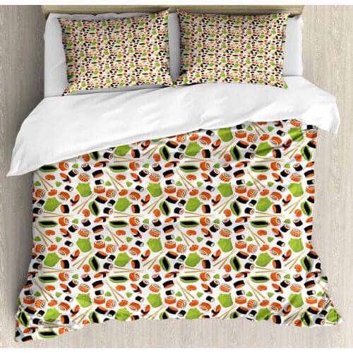 Wasabi Duvet Cover Set Continuous Cuisine Pattern Food 3 Piece Bedding Set Burnt Sienna Apple Green Charcoal Grey Pale Brown