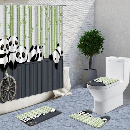 Fun Panda Shower Curtains Bath Mat Cute Cartoon Animal Non-Slip Rug Childrens Room Bathroom Decor Toilet Cover Luxury Carpet Set