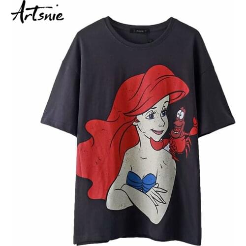 Artsnie disney cartoon print women t shirt summer 2020 o neck short sleeve tops female streetwear casual gray t-shirt mujer