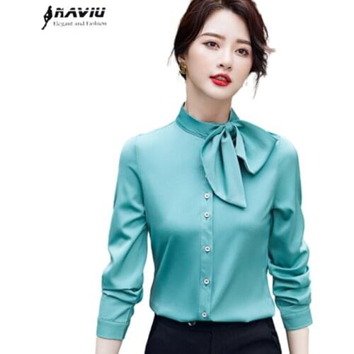 Elegant Bow Shirt Women Design New Autumn Fashion Long Sleeve Stand Collar Chiffon Blouses Office Ladies Formal Work Tops