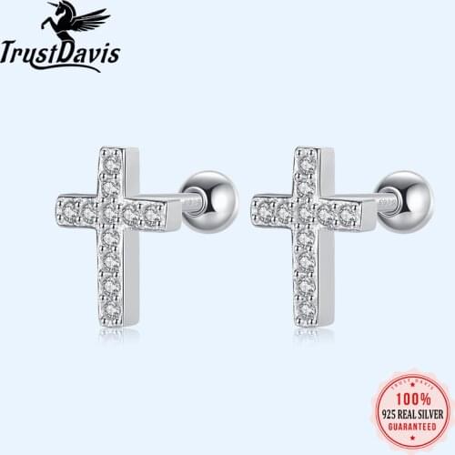 Trustdavis Real 925 Sterling Silver Cross Shiny CZ Bead Screw Stud Earrings For Women Wedding Minimalist Fine Jewelry DS1136