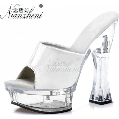 6 Inches Super High Stripper Heeled Shoes Concise Black Patent Leather Crystal Thick Platform 14CM Womens Slippers Pole Dance