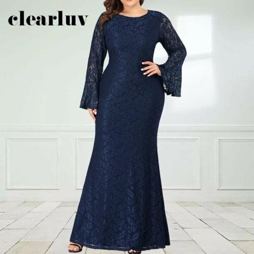 Navy Blue Lace Party Dress For Women DR1580 Flare Sleeve O-Neck Evening Dresses 2020 Mermaid Floor-Length Vestidos De Fiesta