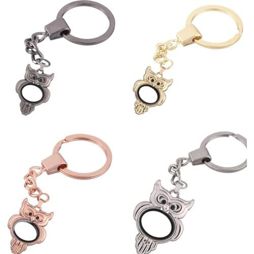 1pcs One owl Round Rhinestone Floating charms Alloy Locket Keychain DIY Magnetic twist living memory Glass locket Key ring