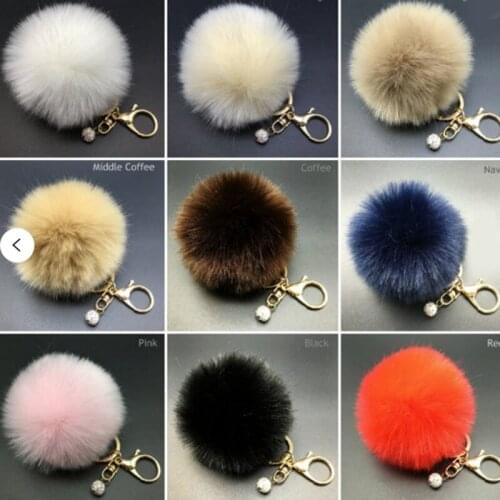 3.14' Rabbit Faux Fur Fluffy Pompom Ball One Key Chain W Bling Crystal Bead For Women Handbag Charm Key Rings Holder 8CM JL003