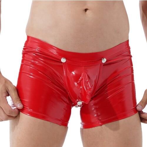 Patent Leather Low Rise Boxer Briefs Seamless Sport Wet Look Underwear Open Butt Removable Bulge Pouch Shorts Underpants for Men