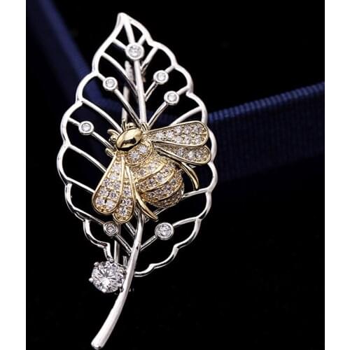 Double plated color leaf Bees brooches for men Jewelry Copper pin brooch Jewelry wedding cubic zircon Broaches Bags Accessory