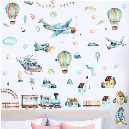 DIY Cartoon Hot Air Balloon Airplane Wall Stickers Kids Bedroom Decorations Decals Removable Mural Posters