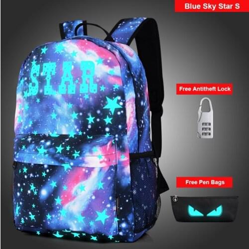 [Do Drop Shipping] Cool Fashional Cartoon Anime Starry Sky Luminous Printing Teenagers School Backpacks with free Pen Bag + Lock