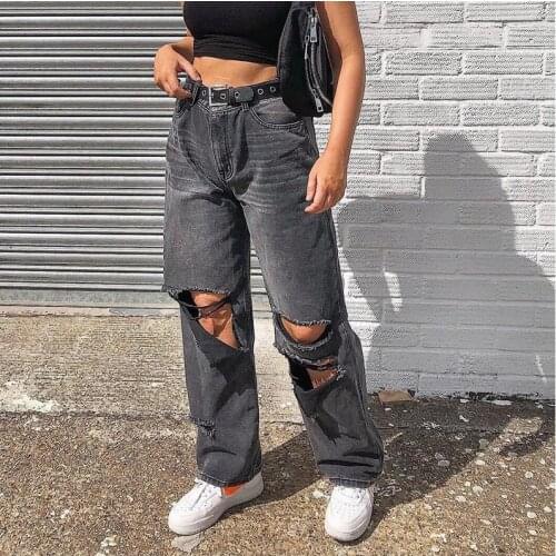 Women Black Cargo Jeans Ripped Pants For Women High Waist Mom Jeans Vintage Jeans Full Length Hollow Out Hole Trousers New