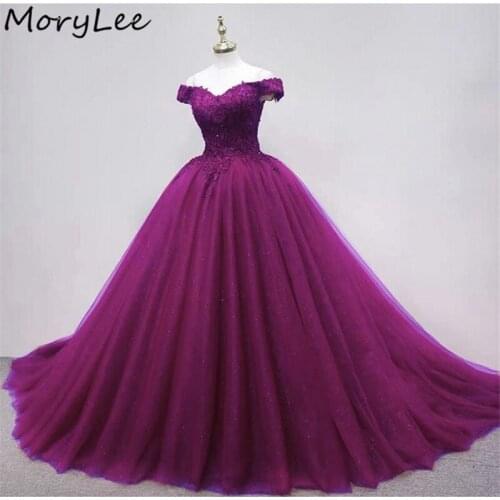 Purple Evening Dresses Off The Shoulder Sweep Train Shining Glitter Soft Tulle Evening Dresses vestidos de fiesta de noche