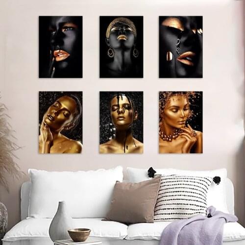 African Art With Black And Gold Beauty Canvas Painting Wall Poster Artistic Picture For Living Room Decoration Hotel Wall Decor