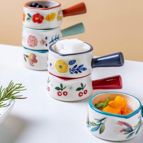 Ceramic Mini Saucepan Milk Jar Milk Cup With Handle Coffee Sugar Bowls Strawberry Floral Pattern Kitchen Cookware ZM1128