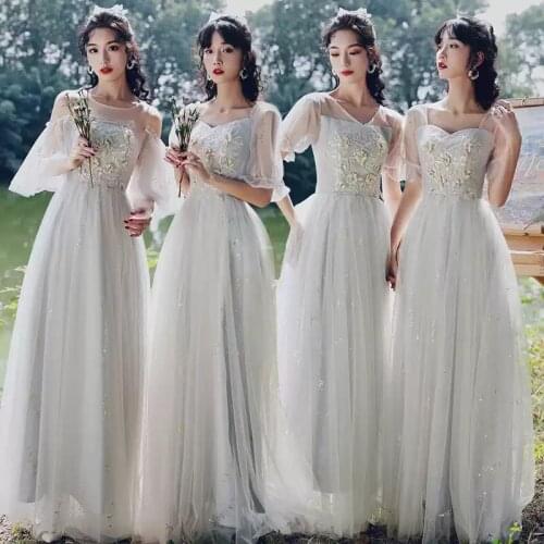 Bridesmaids Dresses Illusion O-Neck Tulle Lace Appliques Sequined Embroidery A-Line Luxury Crystal Women Wedding Party Gown E512