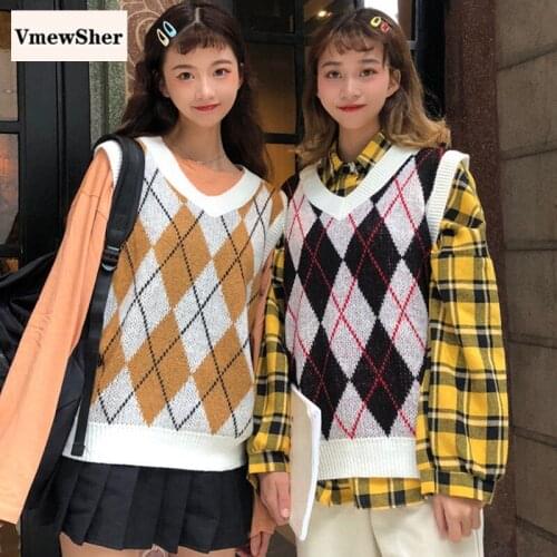 VmewSher Argyle Fashion Knitted Vest Women Casual Korean Pullover Elasticity Sweater Spring Autumn Sleeveless V-Neck Tank Tops