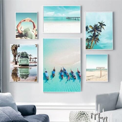 Seascape Landscape Poster Home Decor Wall Art Canvas Painting Beach Coconut Tree Print Scenery Art Picture for Dormitory Design