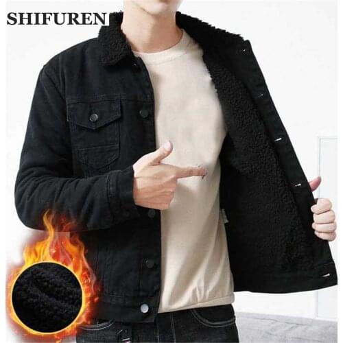 SHIFUREN Winter Men Denim Jacket Warm Thermal Fleece Lining Jeans Cowboy Jacket Outerwear Single Breasted Jaqueta Masculino Coat