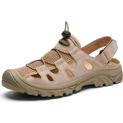 Y16 2021 Mens Work Sandals Leather Male Slippers Mens Summer Shoes Breathable Beach Outdoor soft soledlack sport hiking