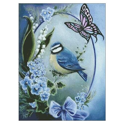 Blue Bird Butterfly in Spring Bluebell Cross Stitch Kits Top Quality Embroidery Needlework DIY 14CT Canvas Unprinted Handmade