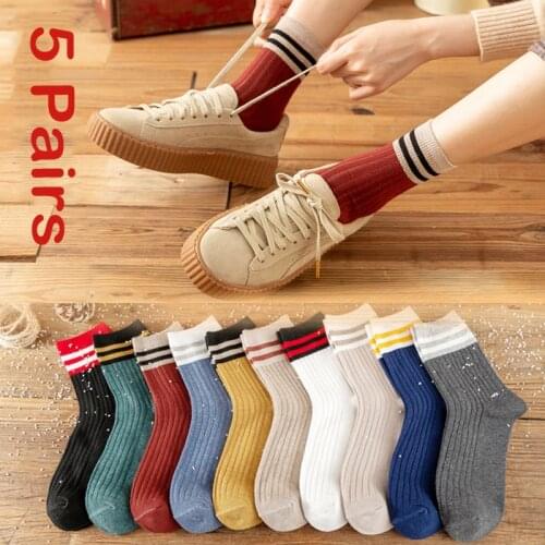 5pairs Funny Cute Women Cotton Socks High Quality Autumn Winter Striped Socks Japanese High School Girls Harajuku Short Socks