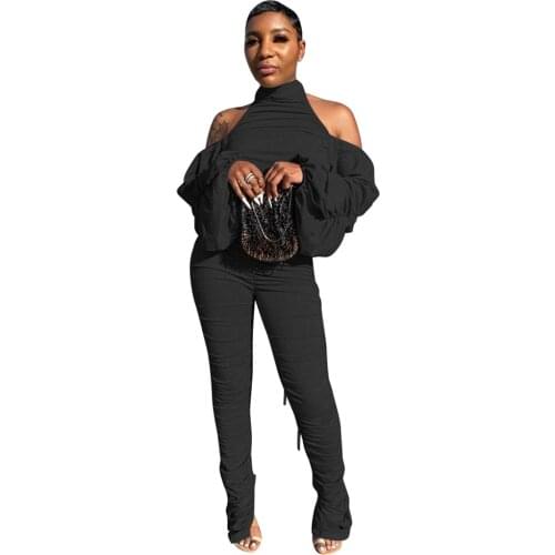 New Arrival Solid Color Backless Cold Shoulder Piles Sleeves Jumpsuit