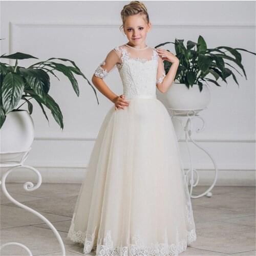 New Flower Girl Dresses Princess Birthdays Party Wedding Gowns Tulle Half sleeve O-neck Ball Gowns Lace Applique pageant Dress