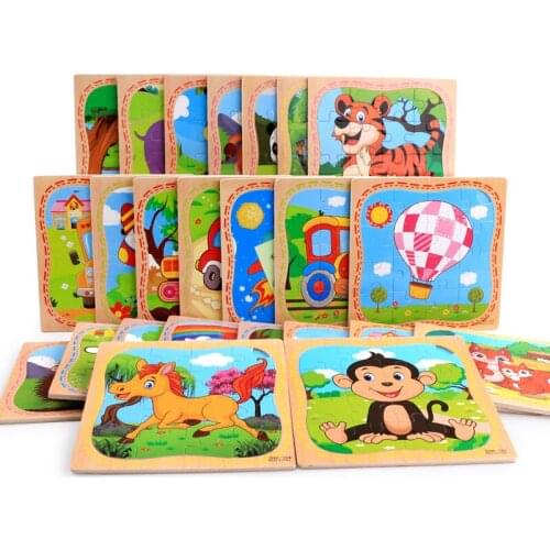 Preschool children education 16 pieces of wooden cartoon animals / transport puzzle Montessori early education cognitive toys