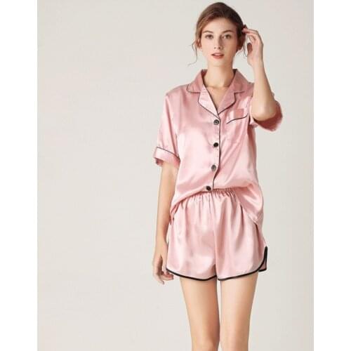 JULYS SONG Womens Pajamas Sets Sleepwear Shorts Elegant Solid Female Pyjamas Pink Faux Silk Nightwear V Neck Pockets Homewear