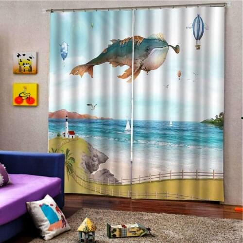 Cartoon Shark balloon Curtain Digital Print For Childrens room Bedroom seaside scenery Half Blackout Window Drapes Decor Sets