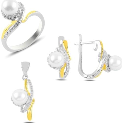 Silver 925 Sterling Pearl & Zircon Crystal Double Color Set