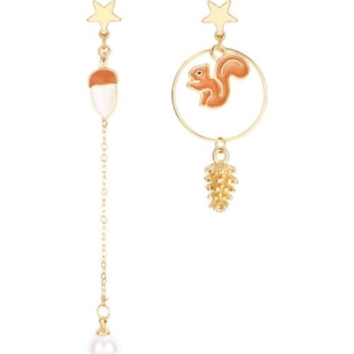 Lovely Squirrel Dangle Earrings Pine nuts Chains Long Earring Asymmetry Pearls Ear Studs Fashion Jewelry Drop Earing