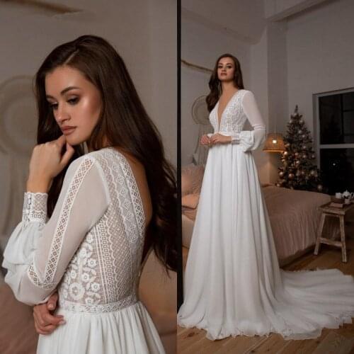 Boho Long Sleeved Wedding Dresses A Line 2020 Robe Longue Bohemian Lace Chiffon Long Bride Gowns Deep V-neck Open Back
