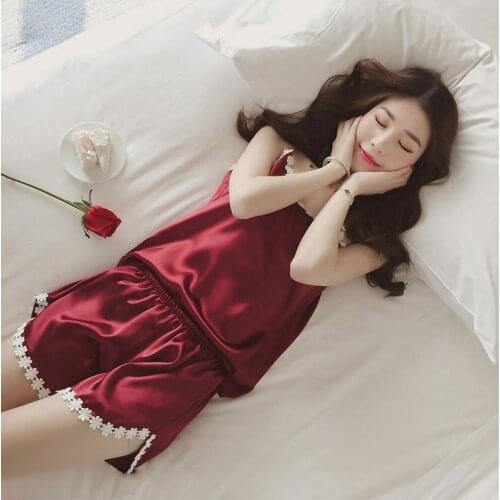 Women Sleepwear Summer Pajama Set Pink Turn Down Collar Faux Silk Satin Blue Short Sleeve Casual Female Pijama Home Wear Shorts