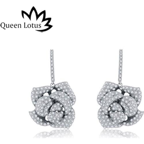 Queen Lotus Fashion Woman Flower Earrings Cubic Luxury Crystal Earrings Jewelry Rise Dangle Earrings Elegant Wedding Bridal Gift