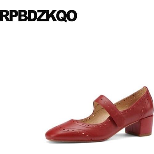 Mary Janes Women Shoes Wine Red Size 33 Genuine Leather Medium Heels Ladies Block High Round Toe Pumps 2021 Fashion European